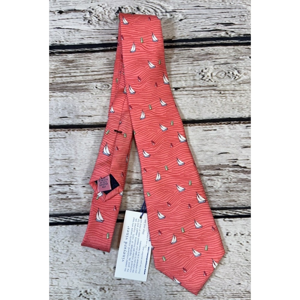 Vineyard Vines Coral Pink Boats Sailboats Tie Youth Boys 100%‎ Silk NWT